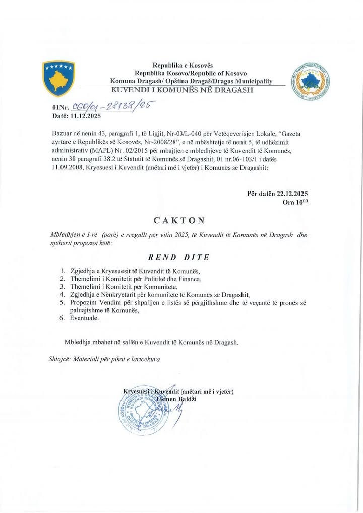 NJOFTIM I (prvi) Redoviti sastanak za 2025. skupštinu Grada Dragaša.