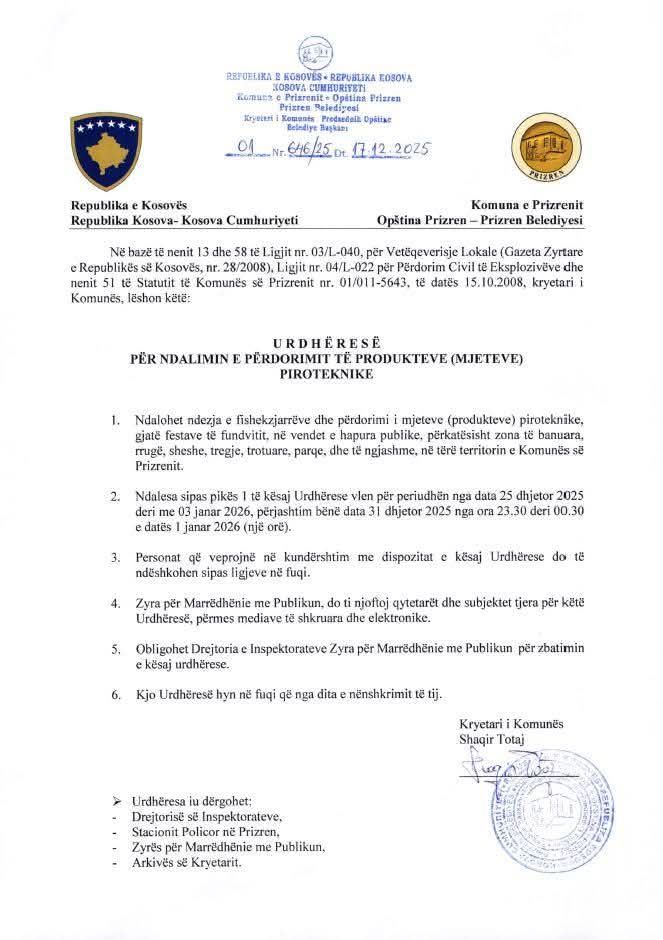 Vatromet se zaustavlja tokom prošlogodišnjih stranaka u Prizrenu, gradonačelnik Prizrena Šaćir Totaj izdao je nalog…