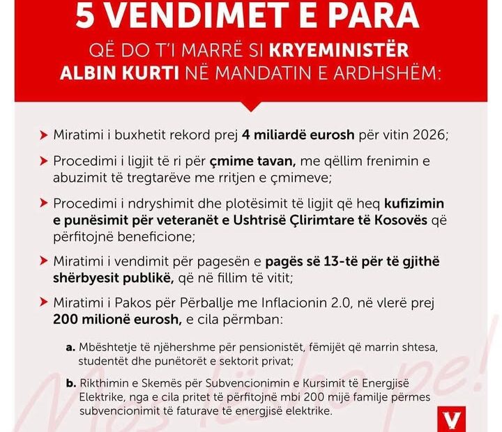 Prvih 5 odluka koje će biti donete kao premijer Albin Kurti u sledećem mandatu.