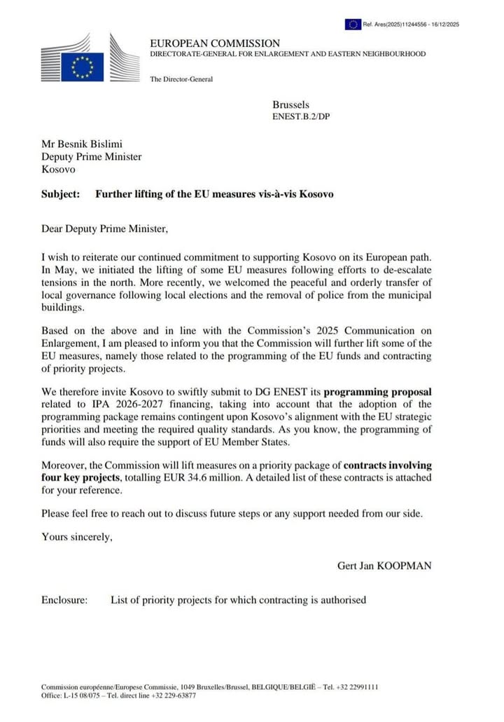 Verni Bislimi: Tokom današnjeg dana dobio sam pismo generalnog direktora za proširenje Evropske unije…