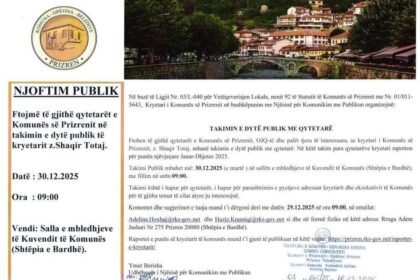 Saopštenje o drugom javnom sastanku prizrenskog gradonačelnika Šakira Toteja na osnovu Zakona br.