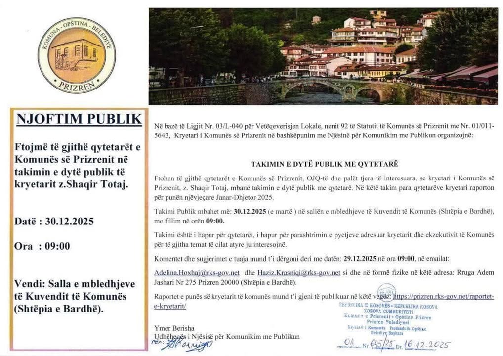Saopštenje o drugom javnom sastanku prizrenskog gradonačelnika Šakira Toteja na osnovu Zakona br.