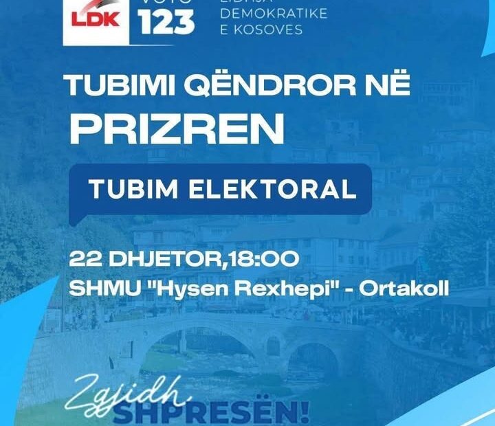 Sutra, 22. decembra, centralni miting DSK održava se u Prizrenu, u sportskoj dvorani SHMU Heysen Rexhepii u Ortaklu.