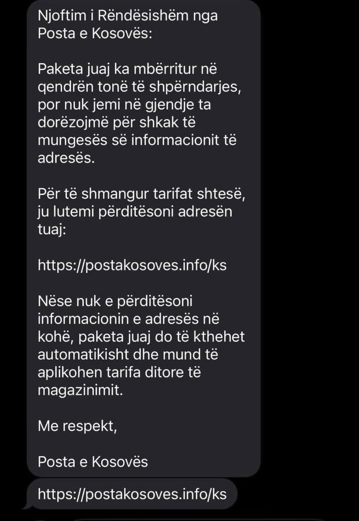 Kosovska policija upozorava da je lažna kampanja preko SMS-a u ime Kosovske pošte kosovske policije…