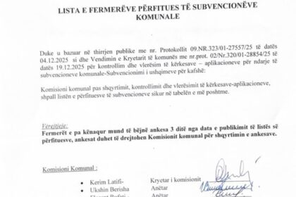 Opština Dragaš objavljuje listu beneficija poljoprivrednika opštinskih subvencija koju je opština Dragaš objavila li…