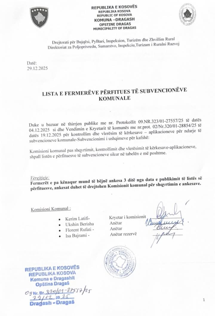 Opština Dragaš objavljuje listu beneficija poljoprivrednika opštinskih subvencija koju je opština Dragaš objavila li…