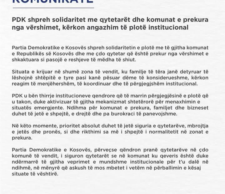 PDK izražava solidarnost sa građanima i opštinama pogođenim poplavama zahteva punu institucionalnu posvećenost