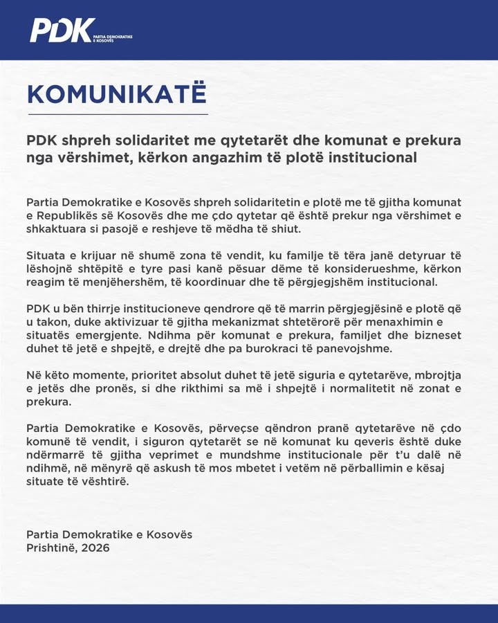 PDK izražava solidarnost sa građanima i opštinama pogođenim poplavama zahteva punu institucionalnu posvećenost