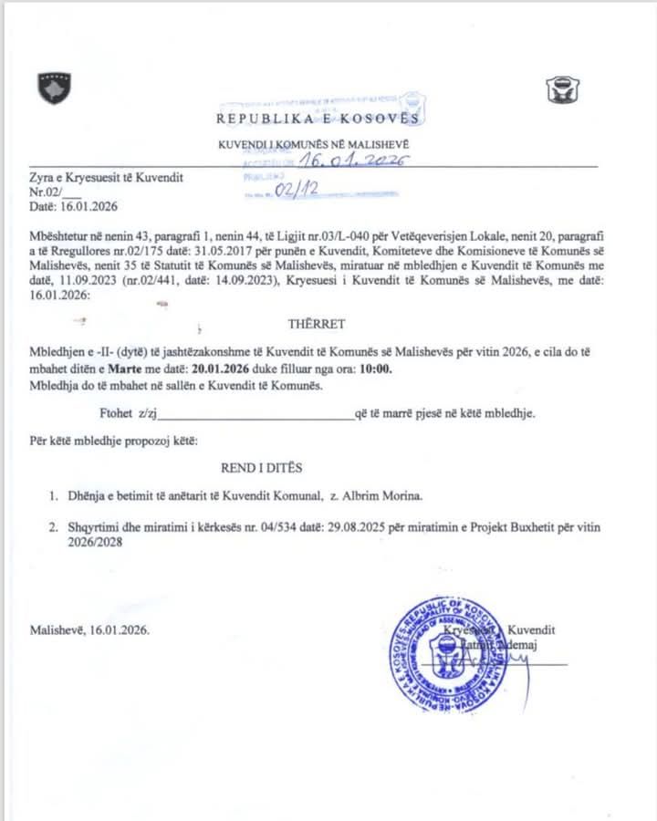 Izvanredni saziv Skupštine grada Mališeva 20. januara, druga vanredna skupština Sabora…