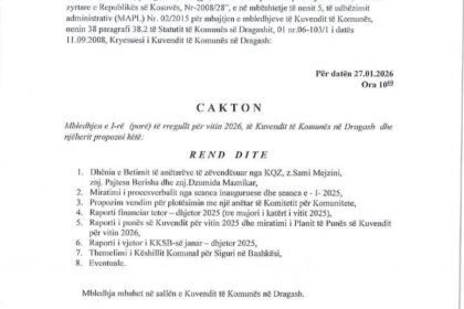 Građani su saopšteni da će prvi redovni sastanak (prvi) biti održan 2026. godine Skupštine Grada Dragaša.