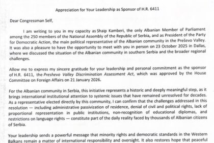 Šaip Kamberi zahvaljuje kongresmenki Kit Self na podršci albanskim pravima poslanika u Ku…