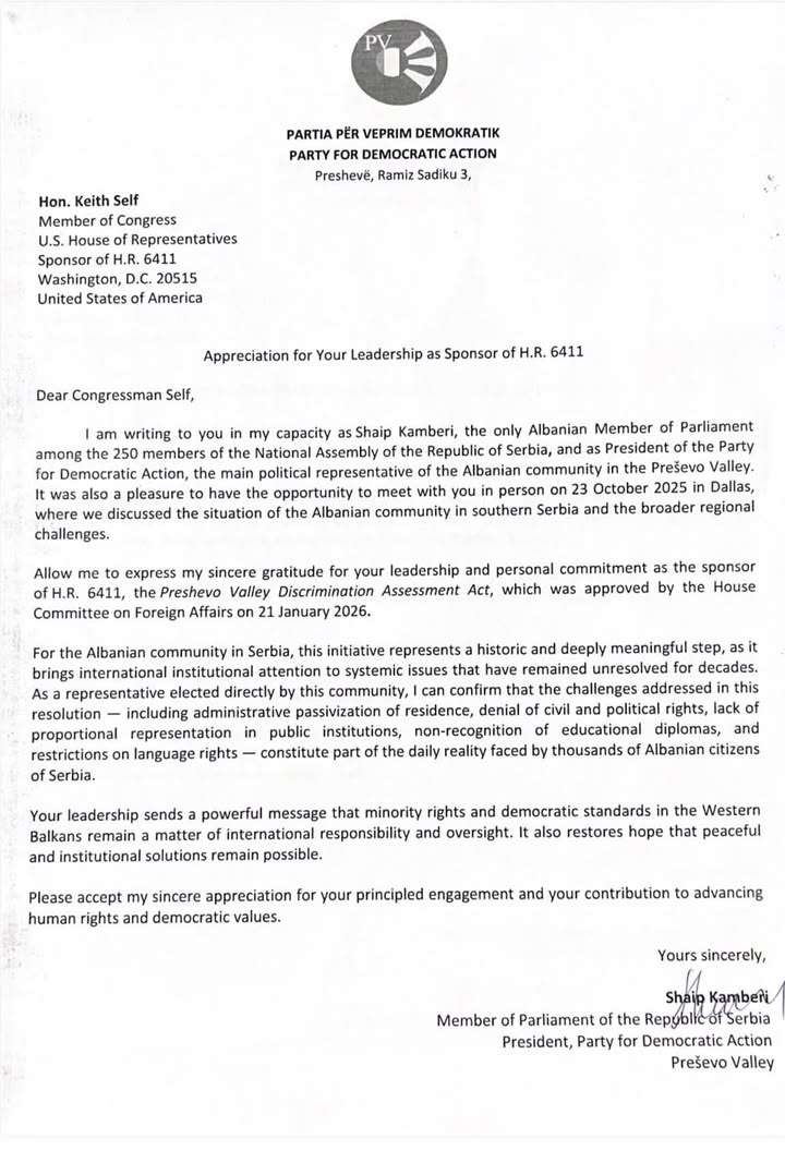 Šaip Kamberi zahvaljuje kongresmenki Kit Self na podršci albanskim pravima poslanika u Ku…
