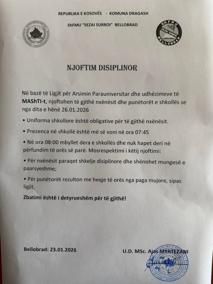 U Belobradu, Sezai Surroi najavljuje disciplinske mere za studente i osoblje iz srednje škole niških škola…