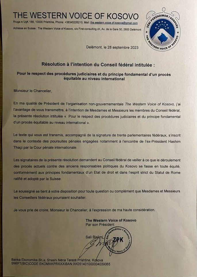 Švajcarski poslanici traže pravdu i jednakost u Hagu za bivše lidere OVK rezoluciju potpisanu sa 30 dep…