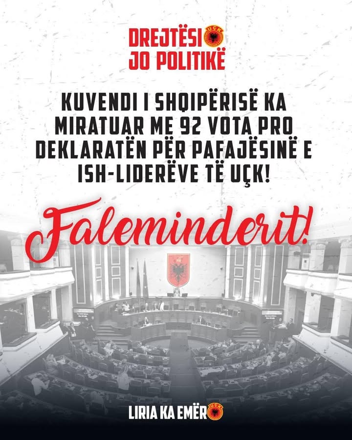 Skupština Albanije odobrila je deklaraciju nevinosti bivšeg parlamenta OVK Iders Albanije odobrila je 9…