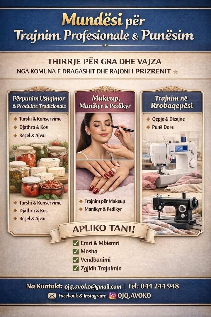 NVO AVOCO najavljuje pozive na profesionalnu obuku za žene i devojke u Dragašu i prizrenskoj nevladinoj organizaciji AVOCO region ima …