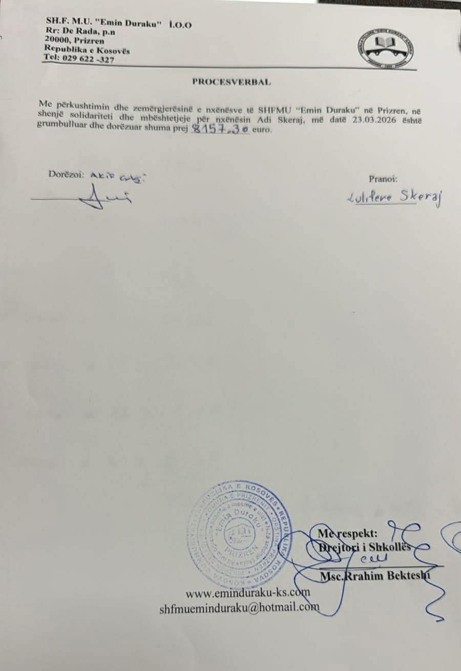 Mbi 8 mijë euro mblidhen në shkollën “Emin Duraku” në Prizren për operimin e nxënësit Adi Skeraj