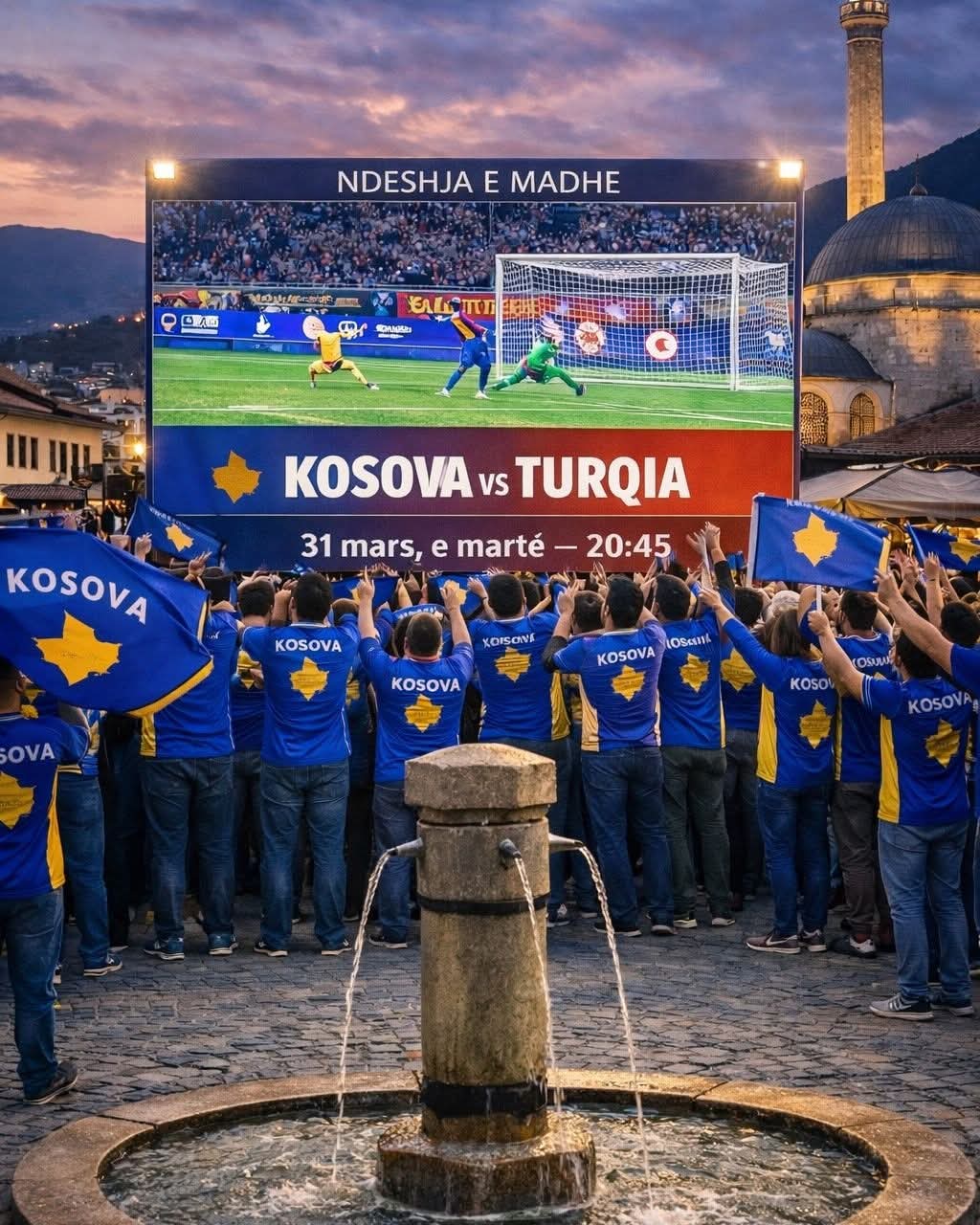 Ndeshja Kosovë – Turqi transmetohet në ekran të madh në Shatërvan të Prizrenit